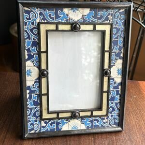 Six trees handcrafted picture frame blue white floral mosaic